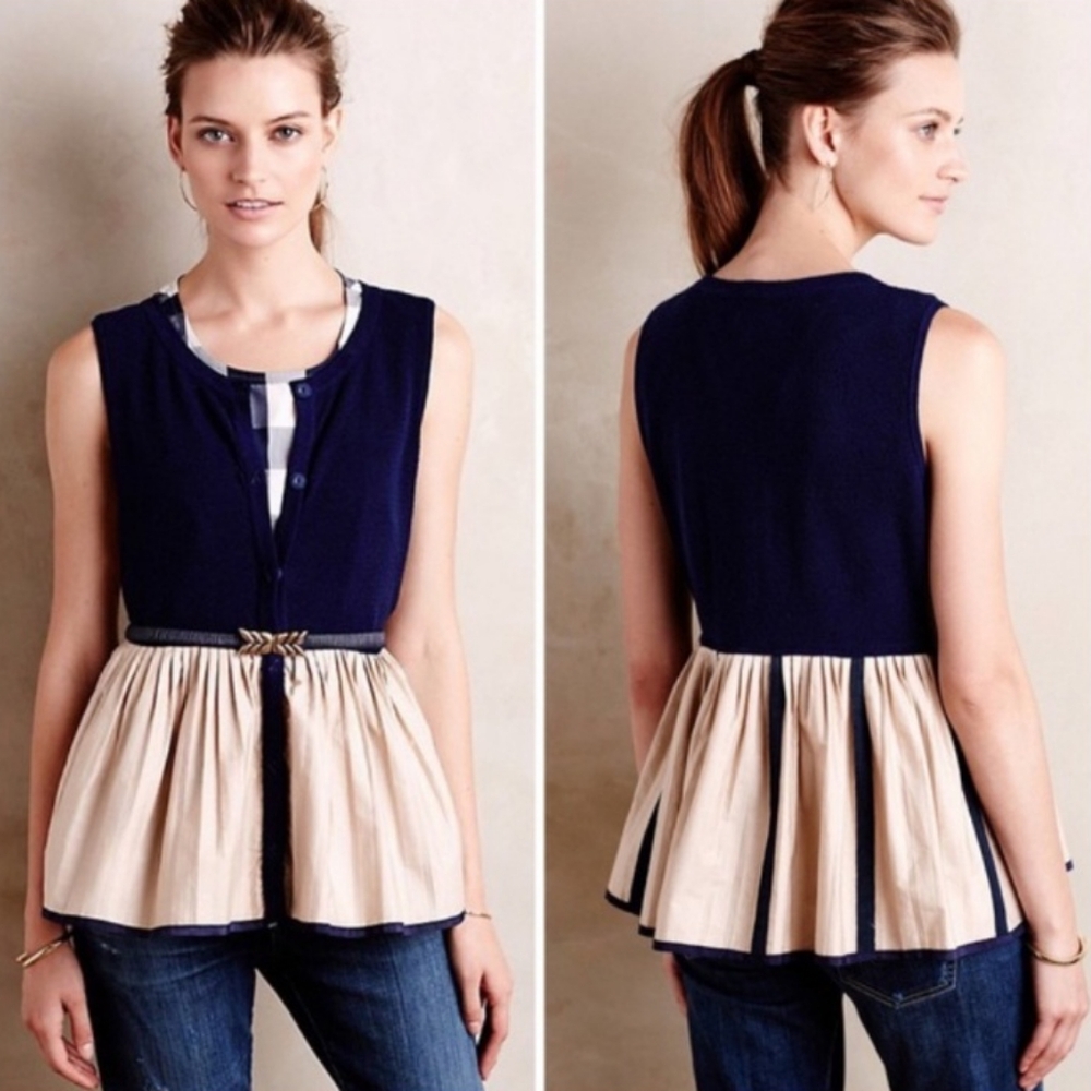 Anthropologie Moth Navy & Cream Sleeveless Peplum Blouse XL | Button Front
